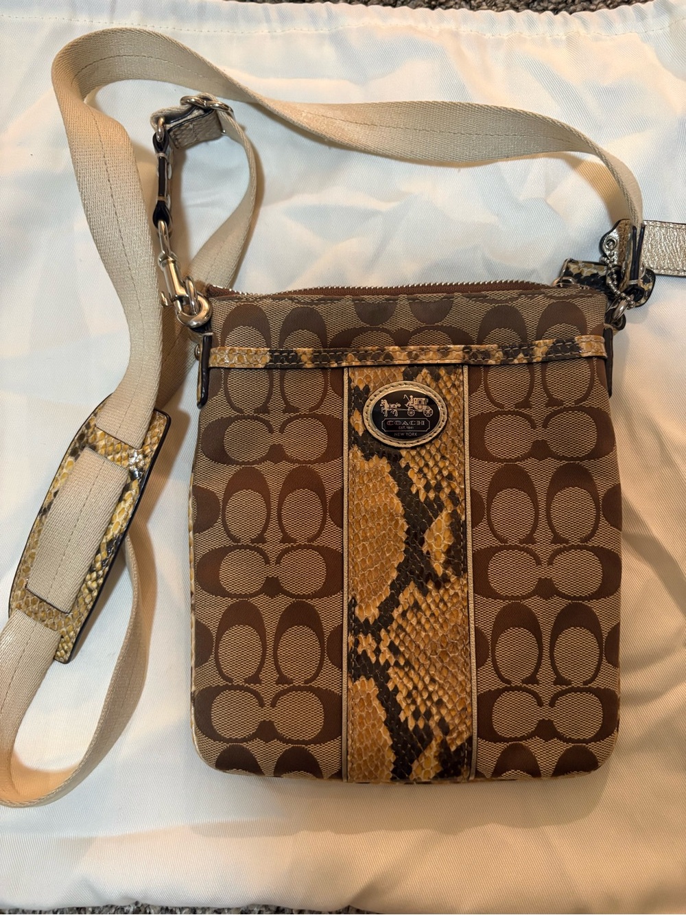 Coach Brown Signature Canvas Crossbody with Snake-Print Trim